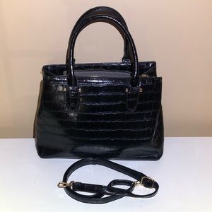 Black Crocodile Print Multi Compartment Classic Satchel with Goldtone Hardware